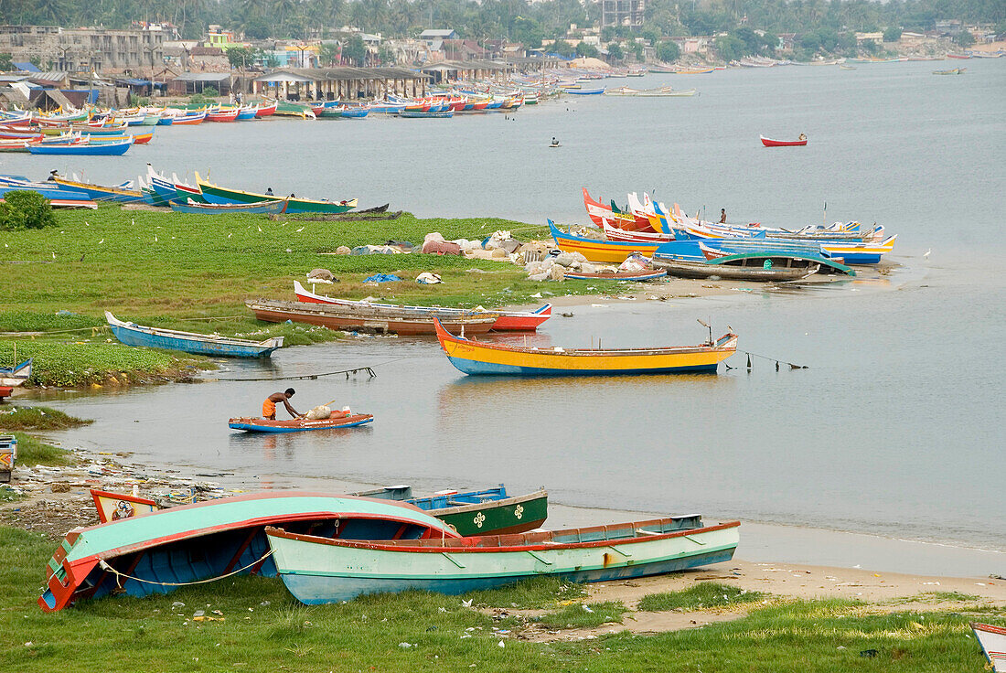 Republic of India, Kerala State, Fisherman's area, coloured small boats