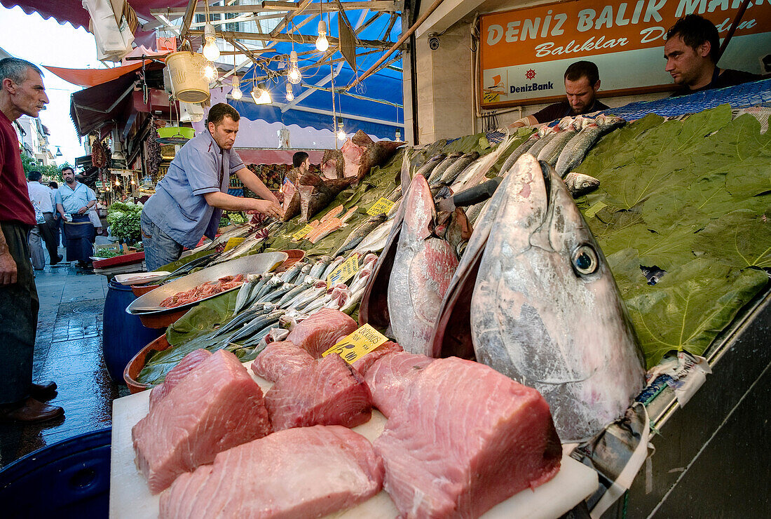 Republic of Turkey, Istanbul, Kadiköy District, Market Fish Stall, Close up of fish heads