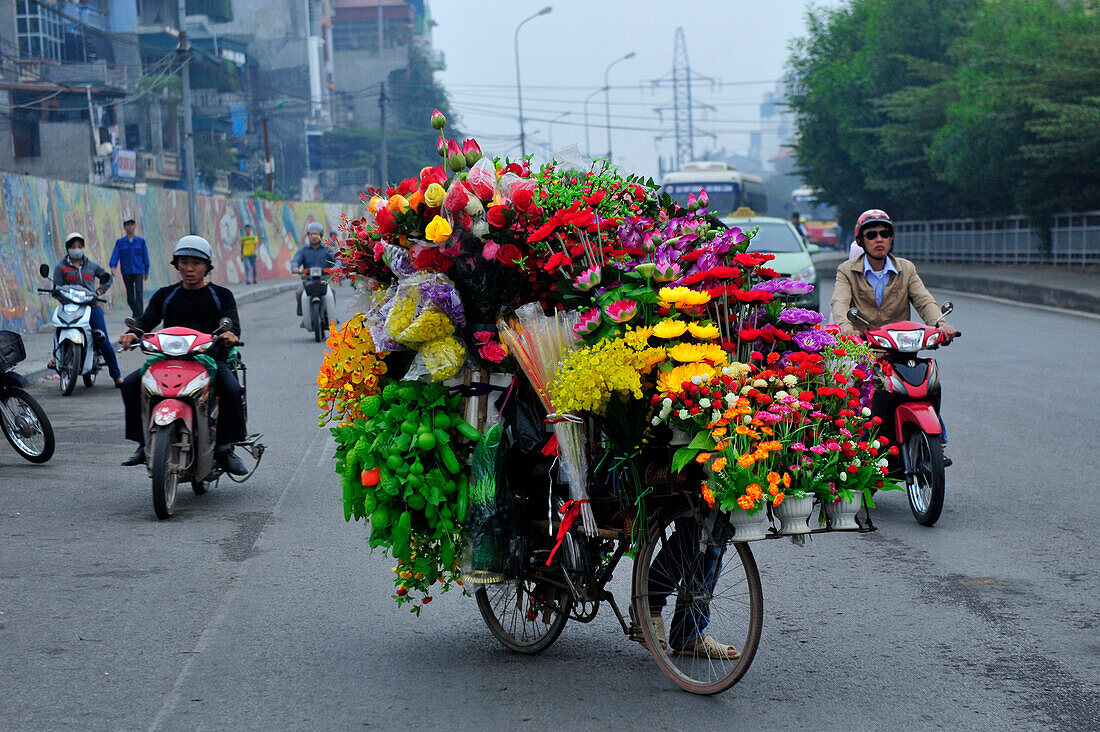 Selling flowers from her bicycle in Hanoi, North Vietnam, , Vietnam, South East Asia, Asia