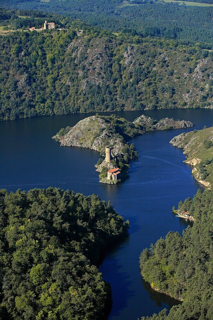 France, Loire (42), Lake Grangent, Grangent Castle is located on an island in the lake, the castle overlooks the lake Essalois from a hill, castles are historic monuments (aerial photo)