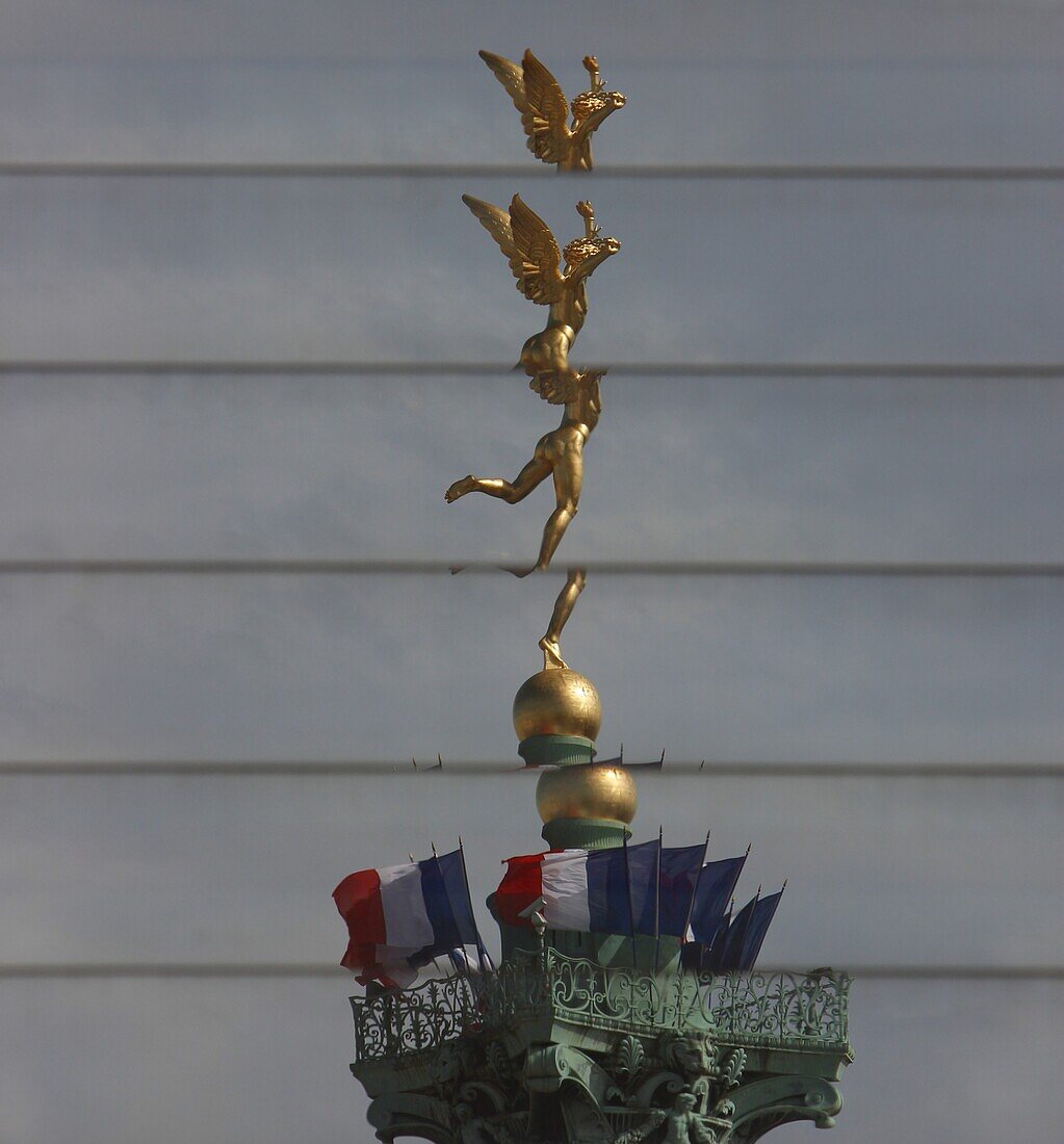 France, Paris, 11th arrt, The July Column and Dumont's Génie de la Liberté reflections on a building window