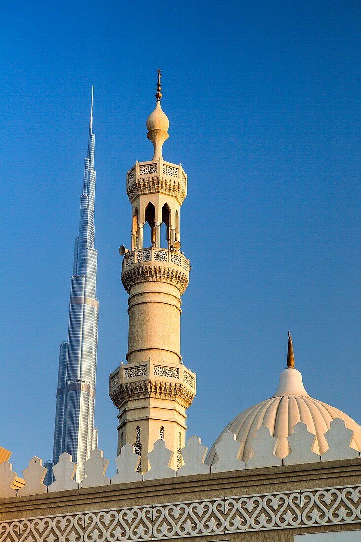 United Arab Emirates (UAE), Dubai City, Down Town Dubai, Minaret and  Burj Khalifa Bldg.