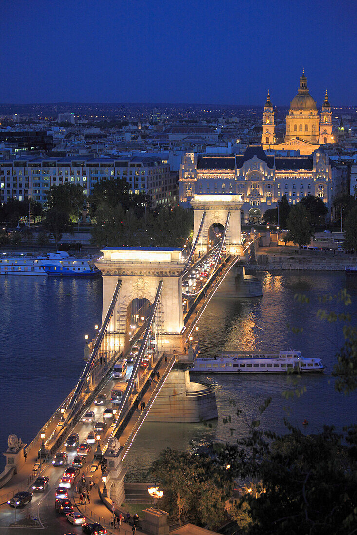 Hungary, Budapest, Chain Bridge, Gresham Palace, Basilica, Danube River
