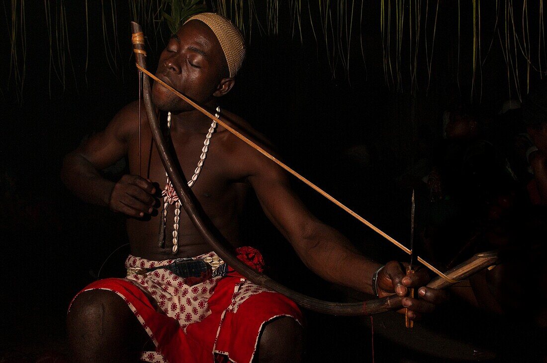 Africa, Gabon, Estuaire region, Libreville capital, Bwiti ceremonies, musical arch player