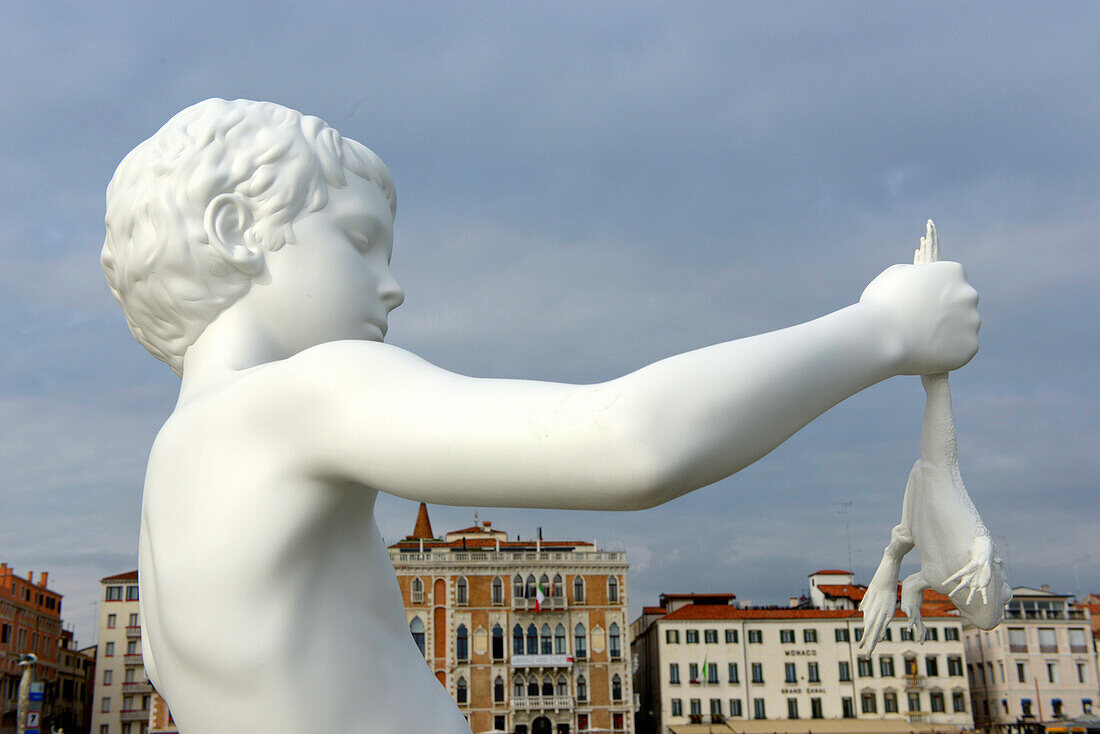 Boy with frog, a sculpture by Charles Ray in Punta della Dogana in Venice, Italy, Europe