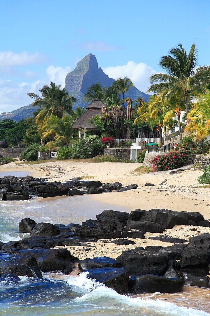 Indian ocean, Mauritius. Beach and mountains in the background