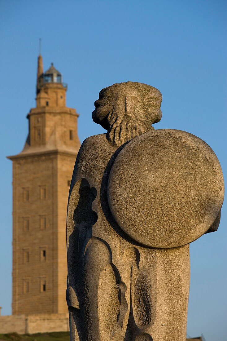 HERCULES STATUE AND TOWER OF HERCULES ROMAN LIGHTHOUSE LA CORUNA GALICIA SPAIN