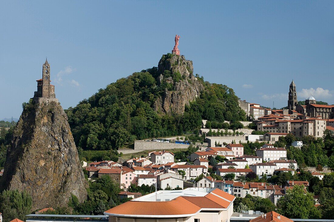 ST MICHEL D'AIGUILHE WITH CORNEILLE ROCK LE PUY EN VELAY HAUTE LOIRE AUVERGNE FRANCE