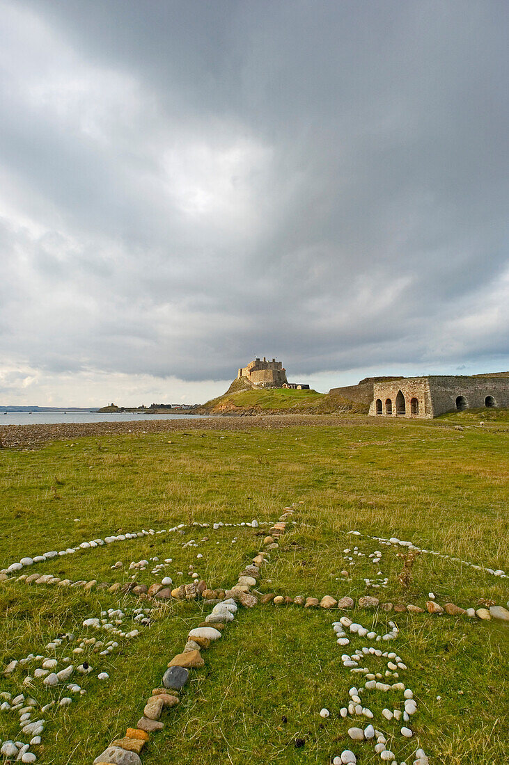 Stone Ring And Lindisfarne Castle In Distance, Holy Island,Northumberland,Uk