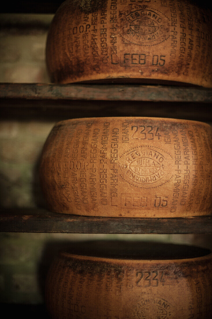 Wheels of cheese aging in cellar