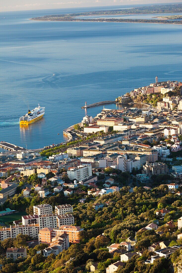 France, Corsica, Haute-Corse Department, Le Cap Corse, Bastia, elevated city view from the Bastia Corniche, dawn