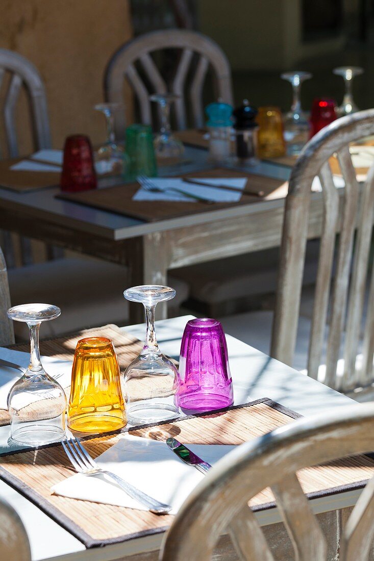 France, Corsica, Haute-Corse Department, Le Cap Corse, Nonza, restaurant table detail