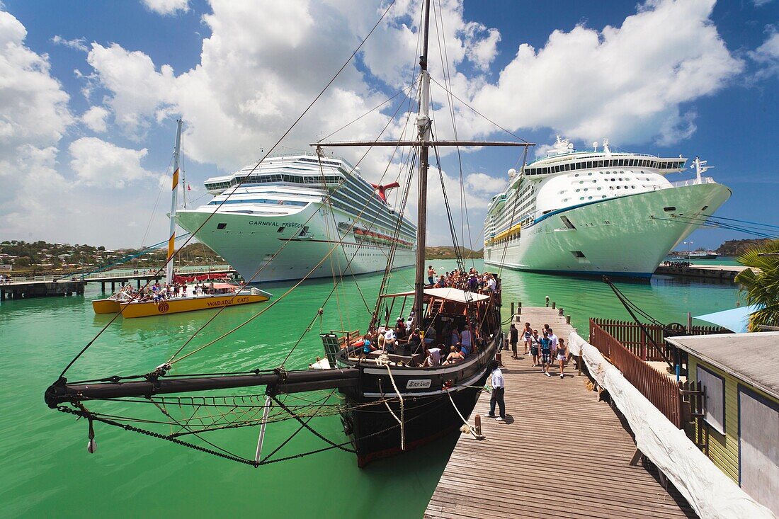 Antigua and Barbuda, Antigua, St  Johns, Heritage Quay, Cruiseship terminal with party boats, NR