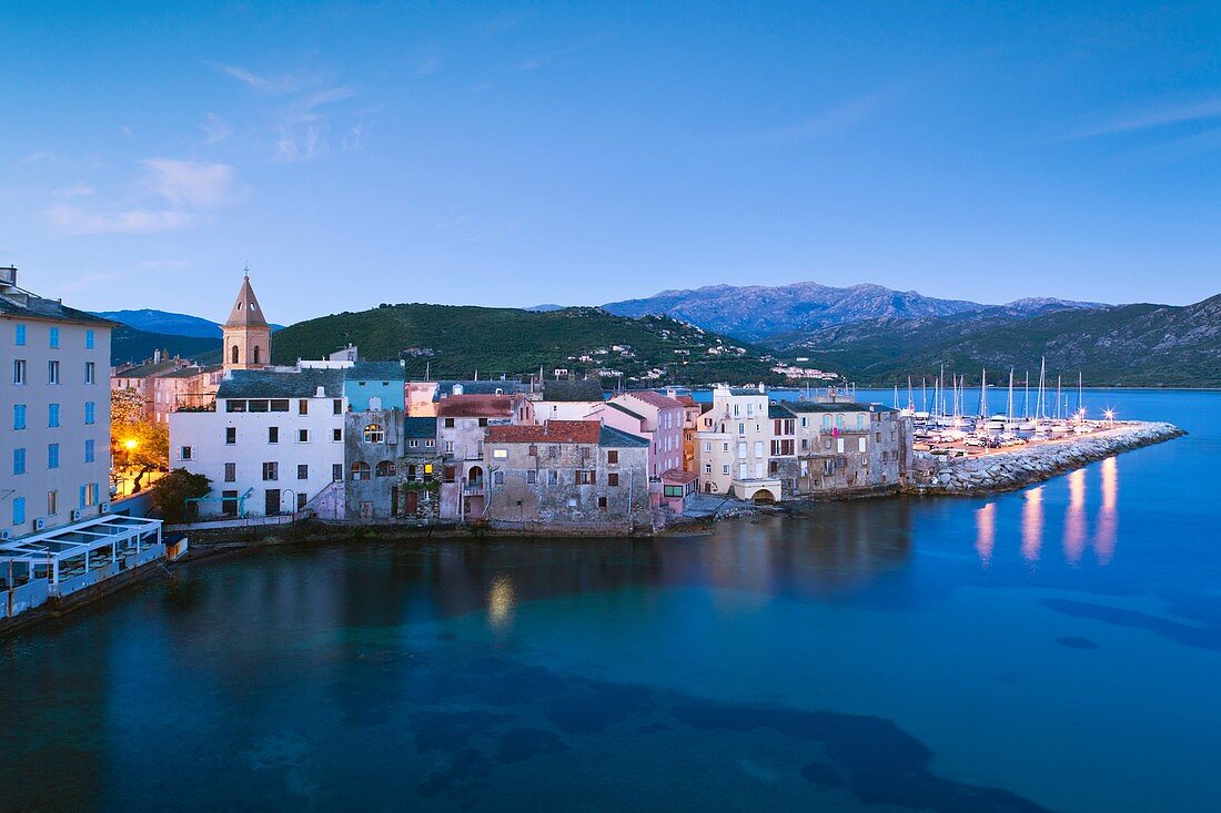 France, Corsica, Haute-Corse Department, Le Nebbio Region, St-Florent, elevated port view, dawn