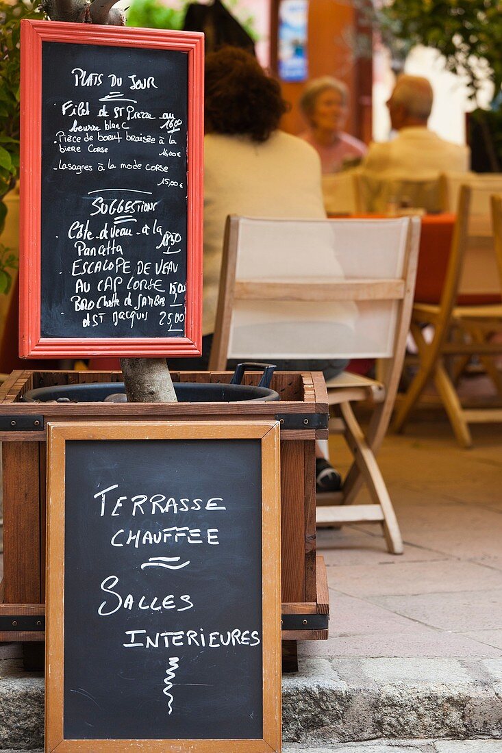 France, Corsica, Haute-Corse Department, La Balagne Region, Calvi, outdoor restaurant