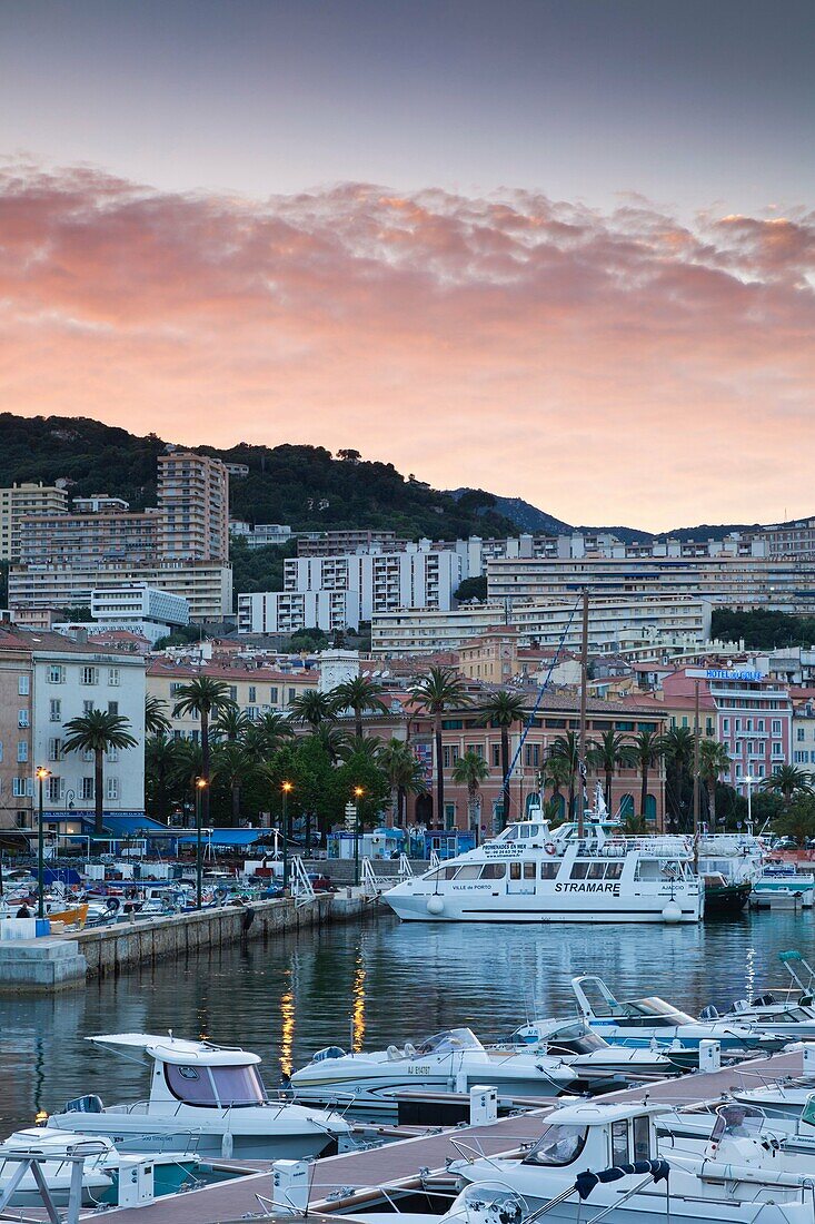 France, Corsica, Corse-du-Sud Department, Corsica West Coast Region, Ajaccio, city view from Port Tino Rossi, dusk