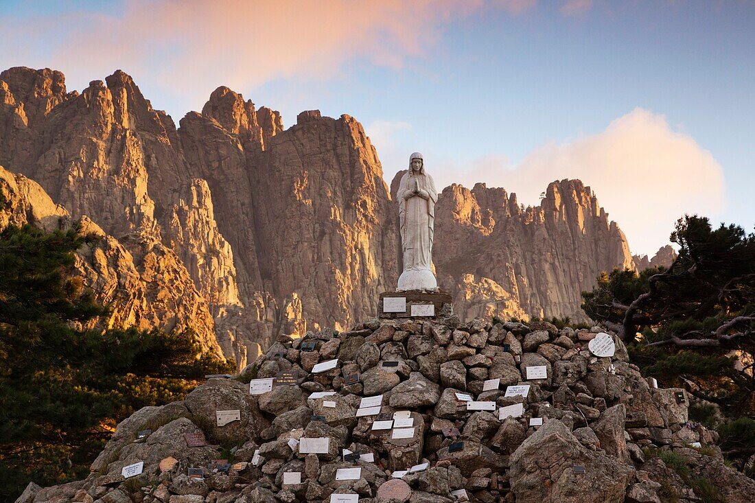 France, Corsica, Corse-du-Sud Department, La Alta Rocca Region, Col de Bavella pass, Aiguilles de Bavella peaks, statue of the Notre Dame des Neiges, Our Lady of the Snows