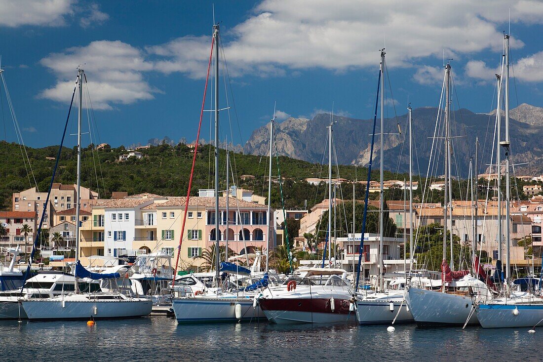 France, Corsica, Corse-du-Sud Department, Corsica East Coast Region, Cote des Nacres, seashell coast area, Solenzara, marina view of the town