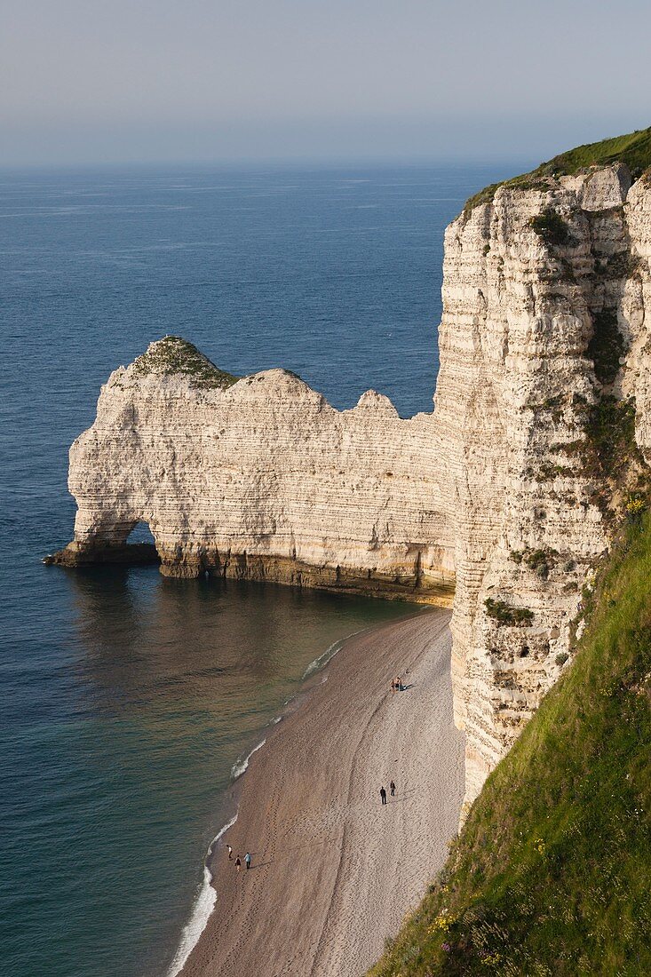 France, Normandy Region, Seine-Maritime Department, Etretat, elevated view of town beach