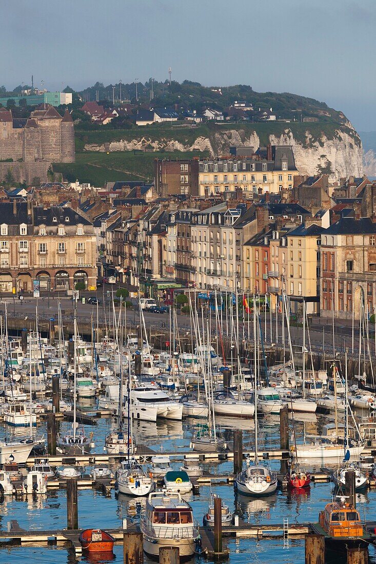 France, Normandy Region, Seine-Maritime Department, Dieppe, elevated view of the Port de Plaissance harbor, dawn