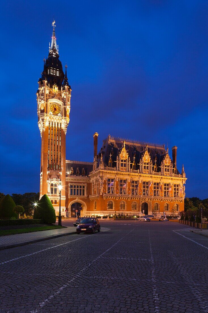 France, Nord-Pas de Calais Region, Pas de Calais Department, Calais, town hall, dusk