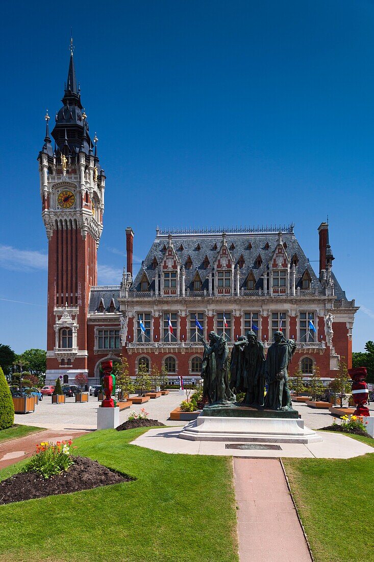 France, Nord-Pas de Calais Region, Pas de Calais Department, Calais, town hall and The Burghers of Calais sculpture by Rodin