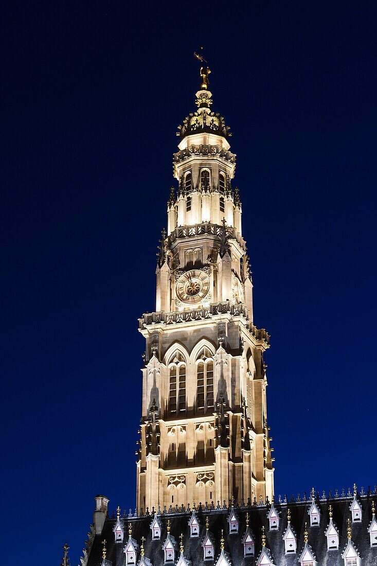 France, Nord-Pas de Calais Region, Pas de Calais Department, Arras, town hall and tower, dusk