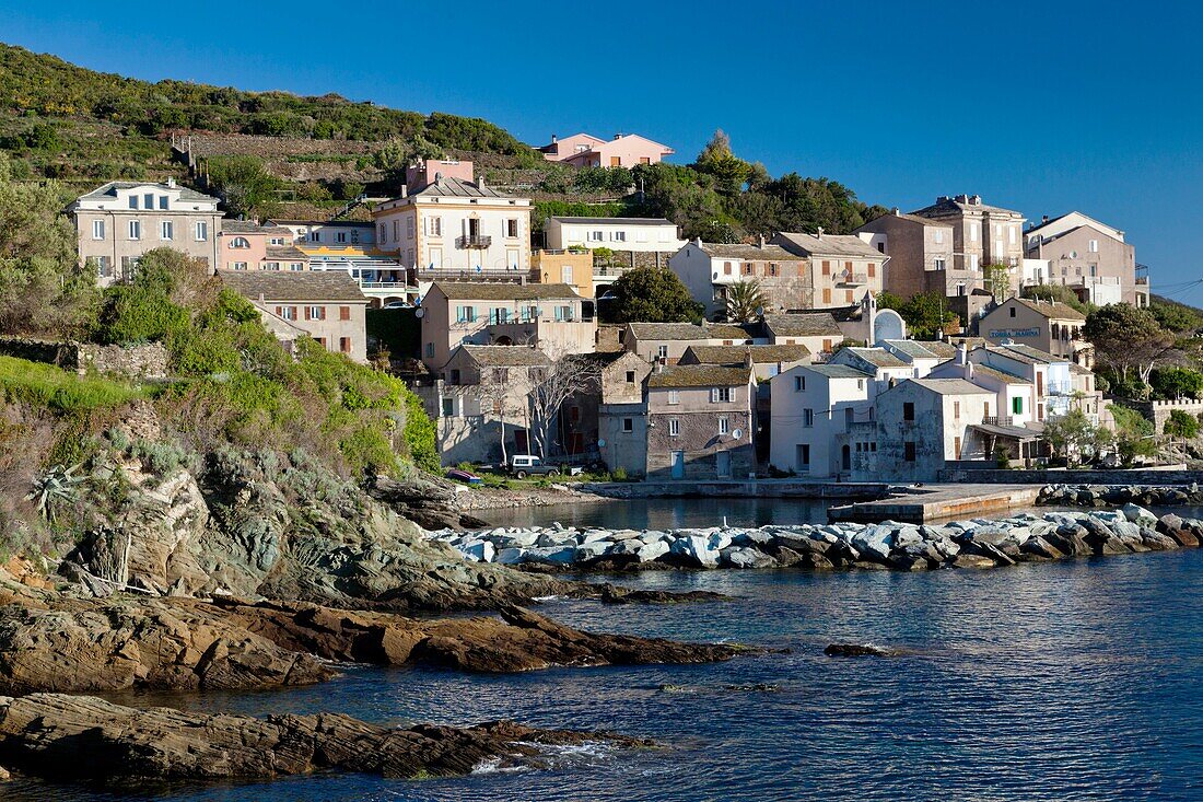 France, Corsica, Haute-Corse Department, Le Cap Corse, Lavasina, town view, dawn