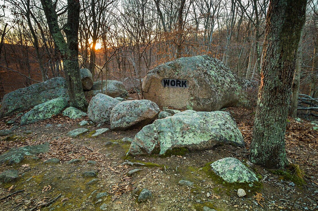 USA, Massachusetts, Gloucester, Dogtown rocks with inspirational words, Work