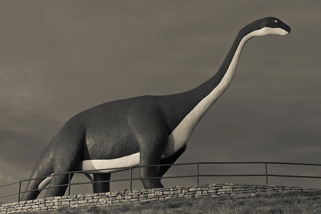 USA, South Dakota, Rapid City, Skyline Drive Dinosaur statues, dawn