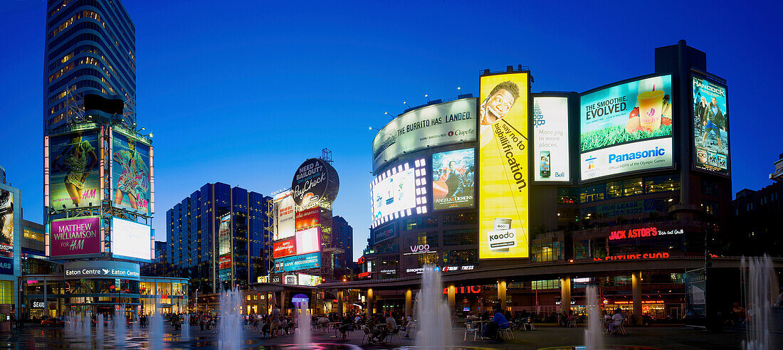 View of fountain and billboards, Dundas Square, Toronto, Ontario