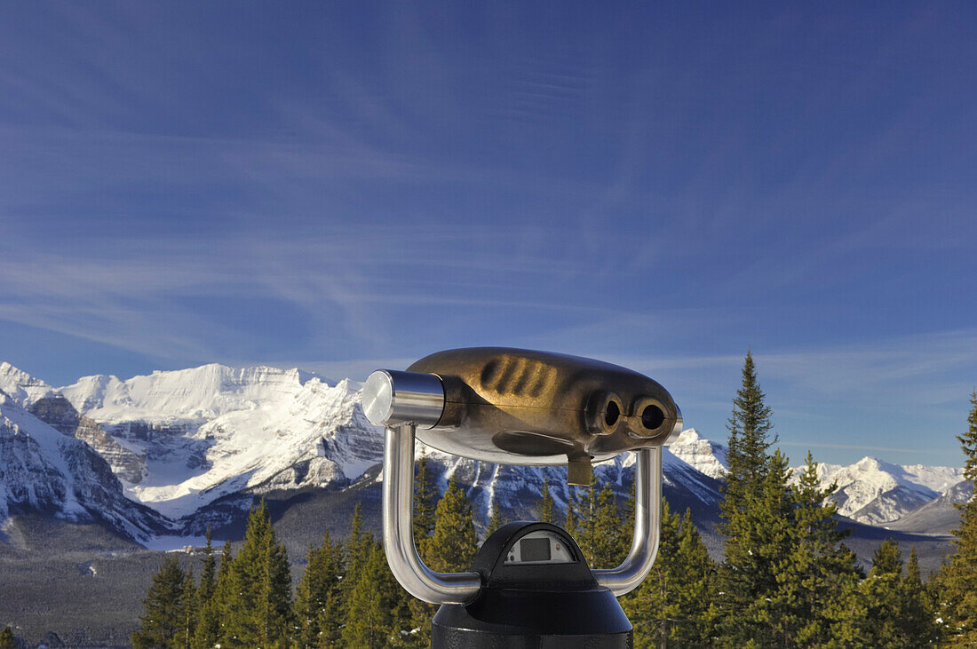 Binoculars and scenery of Canadian Rocky Mountains, Lake Louise Ski Resort, Banff National Park, Alberta