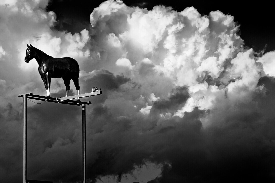 Giant horse figure on a metal stand against big white clouds, Mont St-Hilaire, Quebec