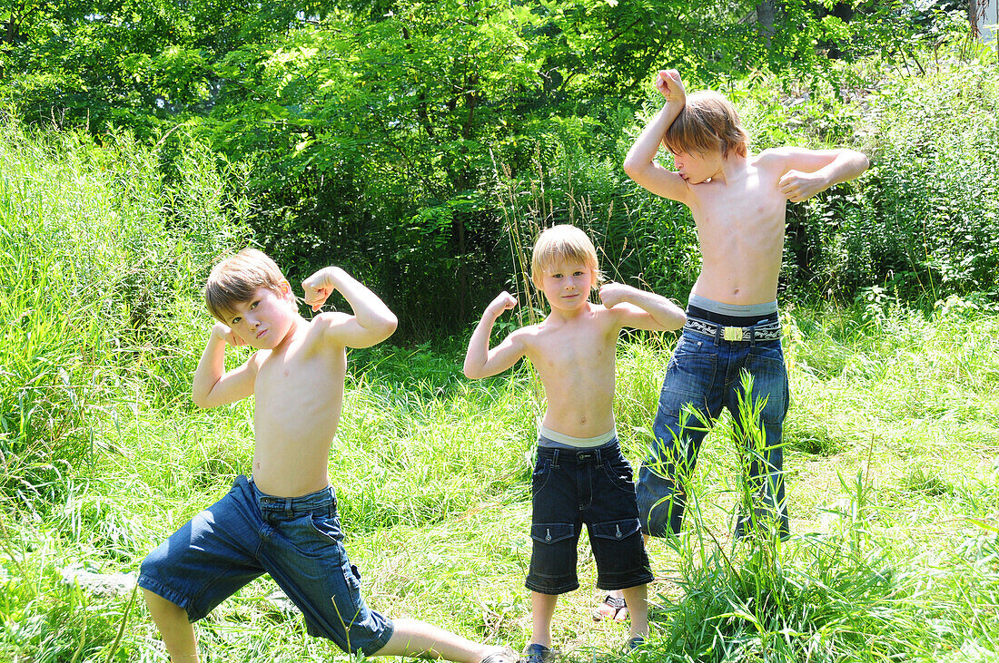 Three brothers making muscle man poses, Simcoe, Ontario