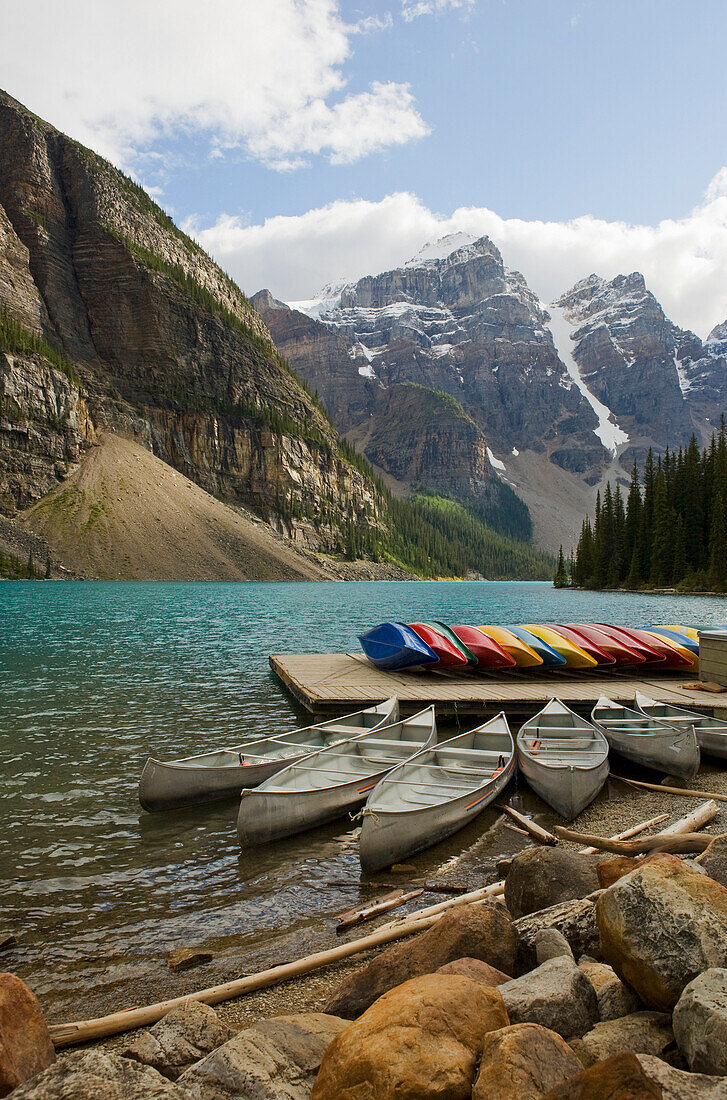 Canoes on a dock at Moraine Lake, Banff National Park, Alberta