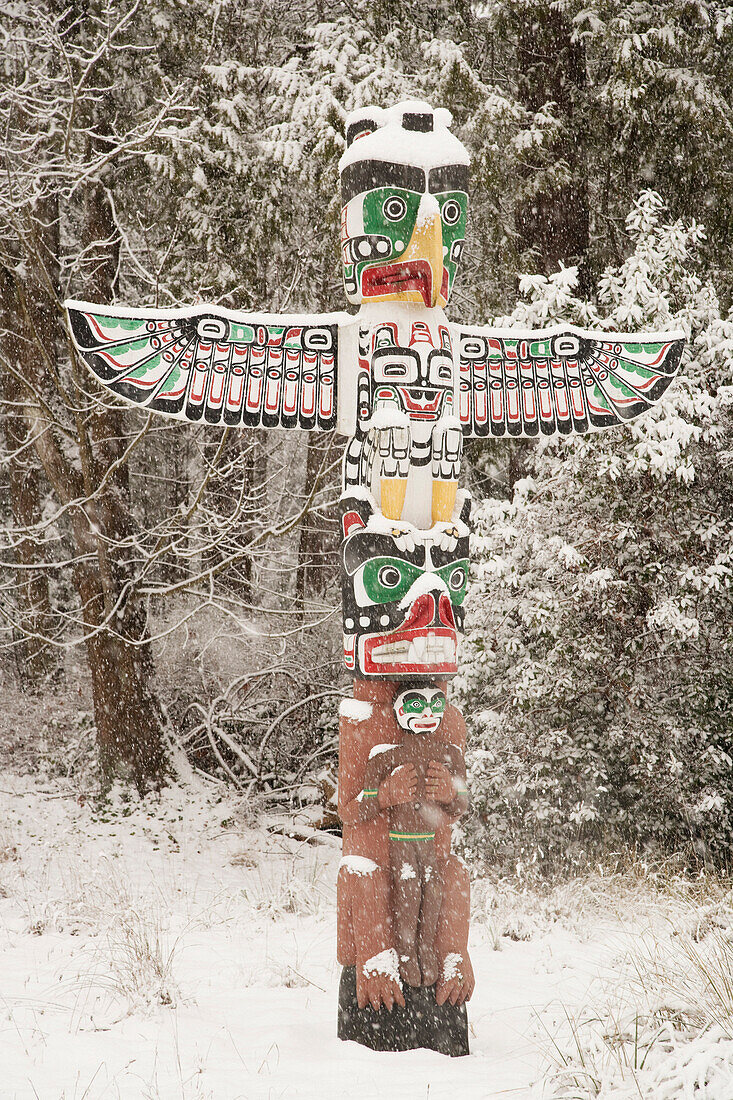 Snowy Totem Poles, Stanley Park, Vancouver, British Columbia