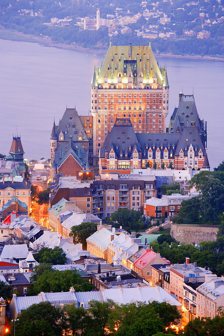 Aerial View of Chateau Frontenac, Surrounding Rooftops and St. Lawrence River at Twilight, Quebec City