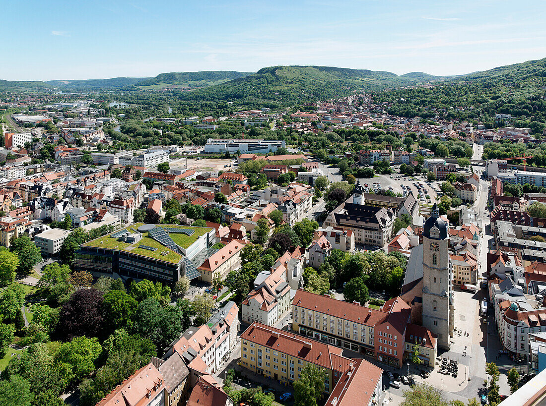 Blick vom Jentower, Thüringer Universitäts- und Landesbibliothek Jena, ThULB, Stadtkirche St. Michael, Jena, Thüringen, Deutschland