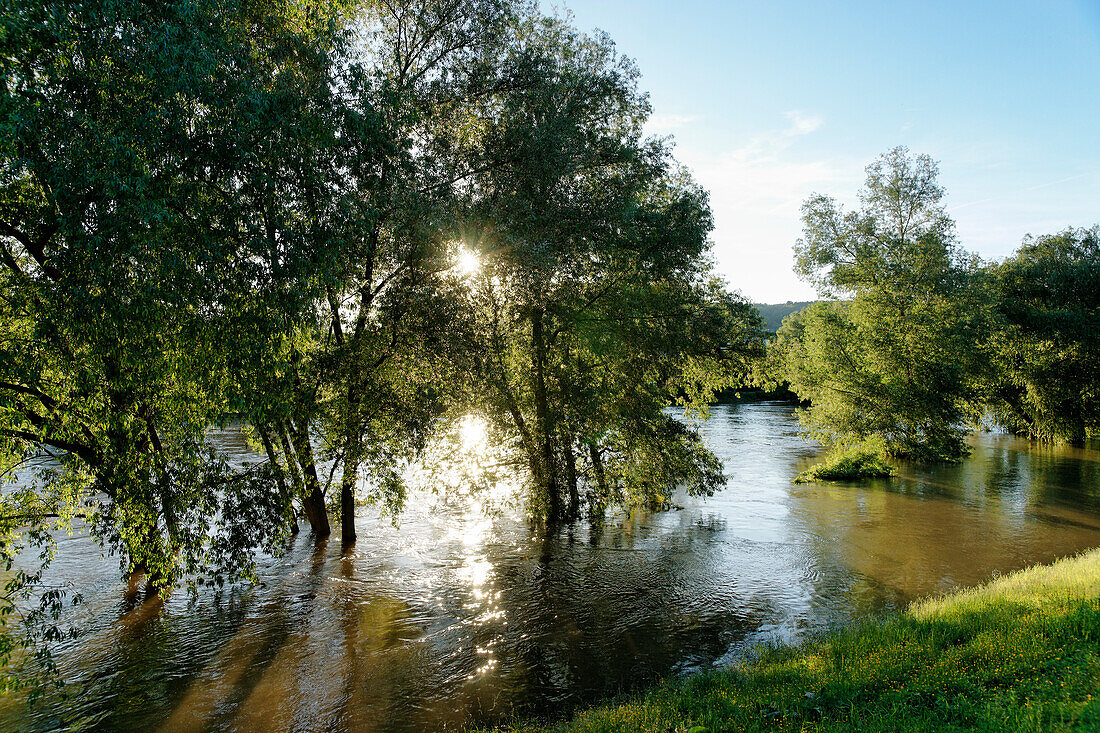 die Saale bei Sonnenuntergang, Hochwasser, Jena, Thüringen, Deutschland