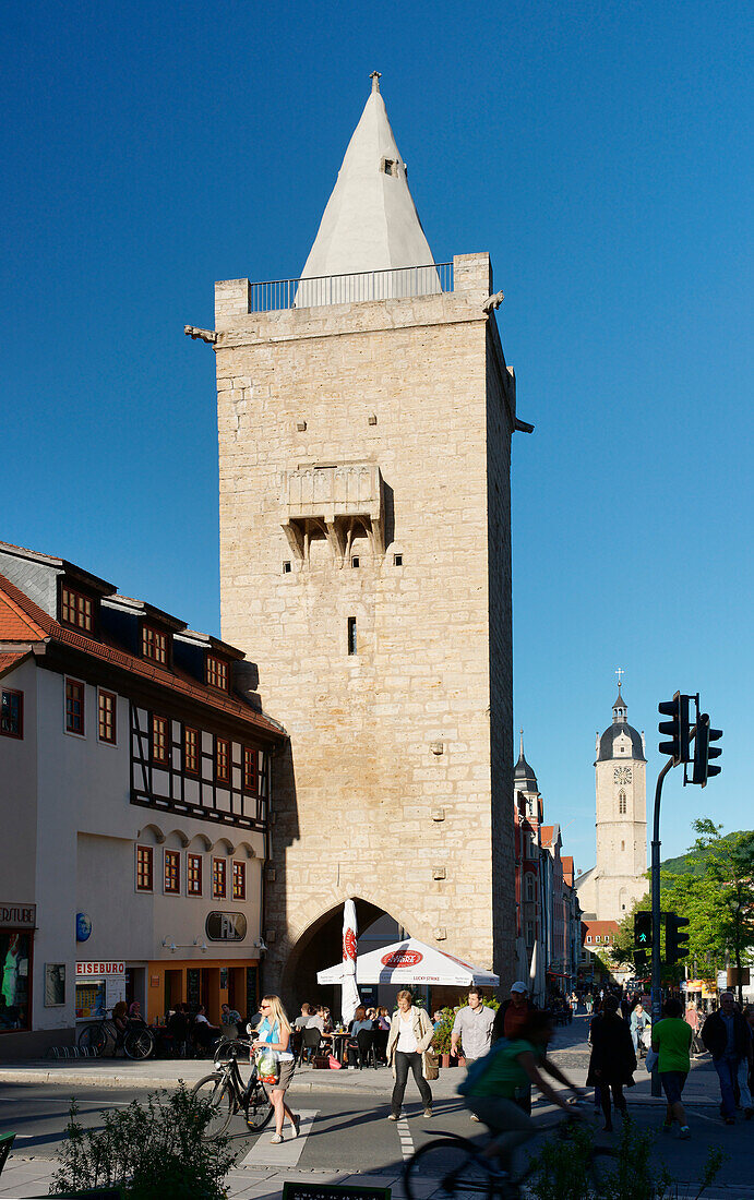 Johannisstrasse with Johannistor gate and parish church of St. Michael, Jena, Thuringia, Germany