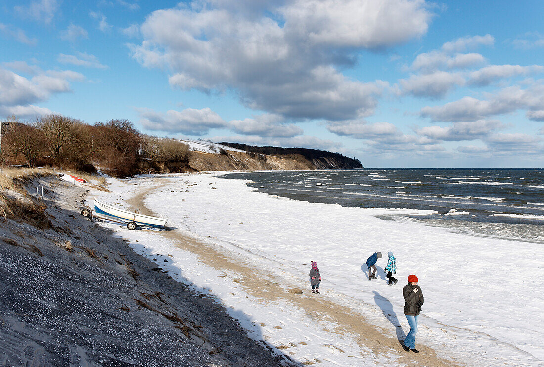 Snow on south beach, Baltic Sea, Seaside Resort Goehren, Island of Ruegen, Mecklenburg-Western Pomerania, Germany