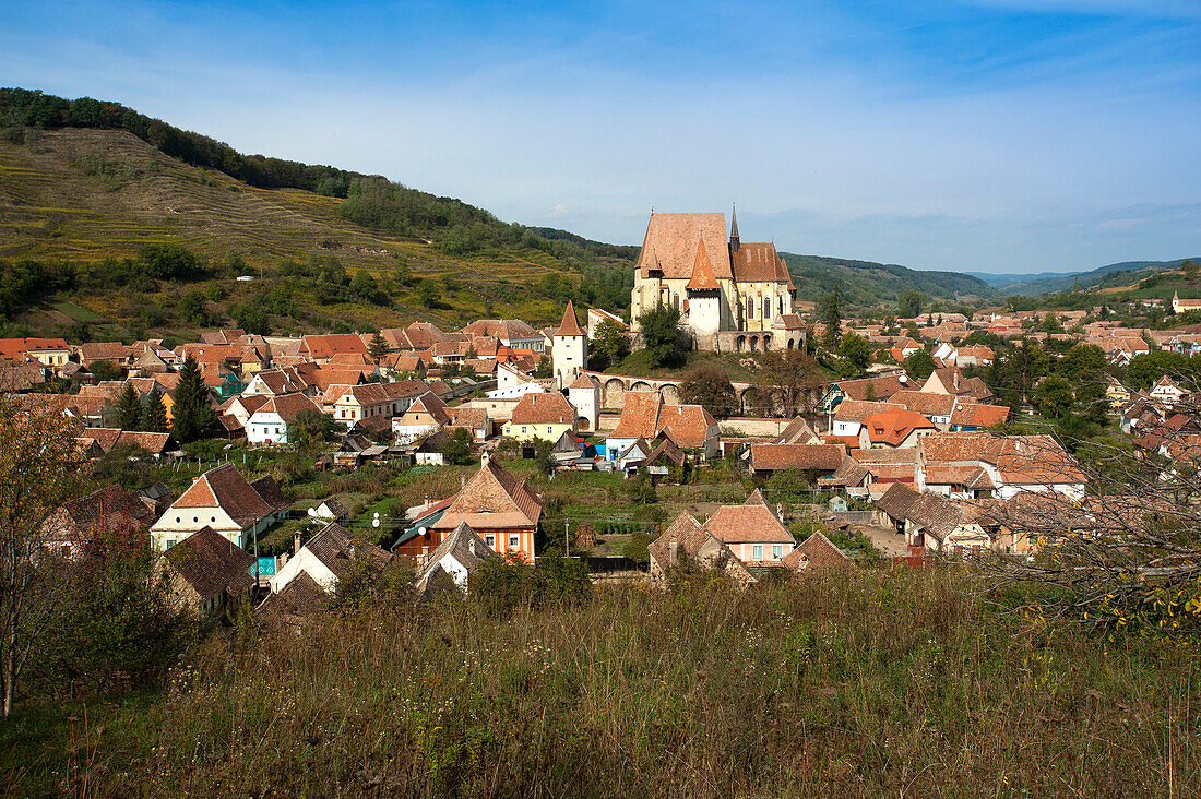 view to the village with fortified church, Biertan, Transylvania, Romania