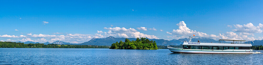 Excursion boat on lake Staffelsee, Muhlworth island in background, Uffing, Upper Bavaria, Bavaria, Germany