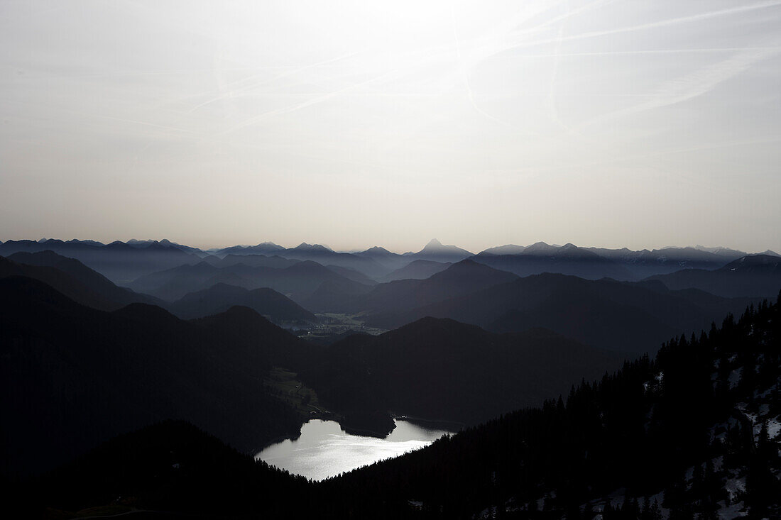 View from mount Herzogstand to lake Walchensee, Bavaria, Germany