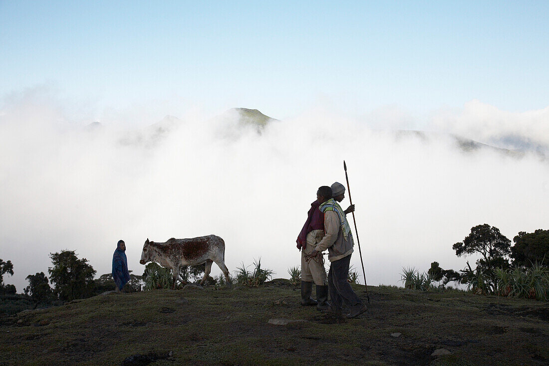 Zwei Hirten begrüßen sich, Bale-Mountains-Nationalpark, Oromia, Äthiopien