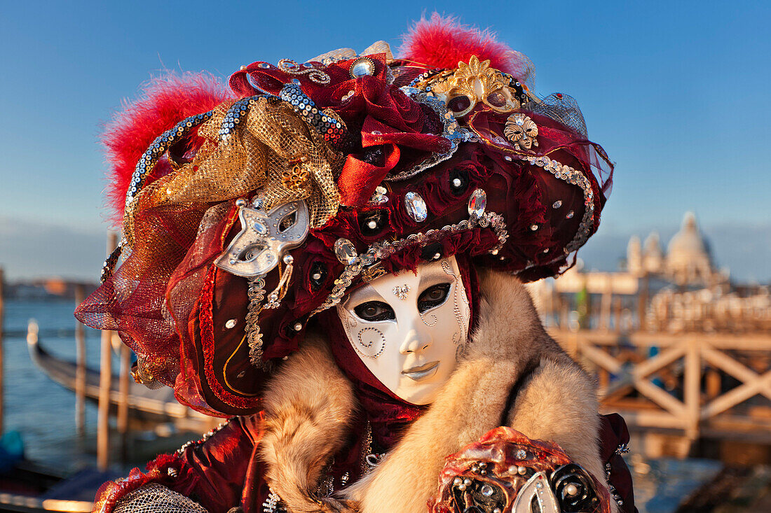 Portrait einer Frau in Kostüm und Maske, Karneval in Venedig, Venezien, Italien