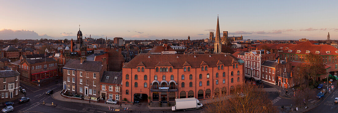Panorama of the old town with church of All Saints and the York Minster in the evening, York, England, United Kingdom