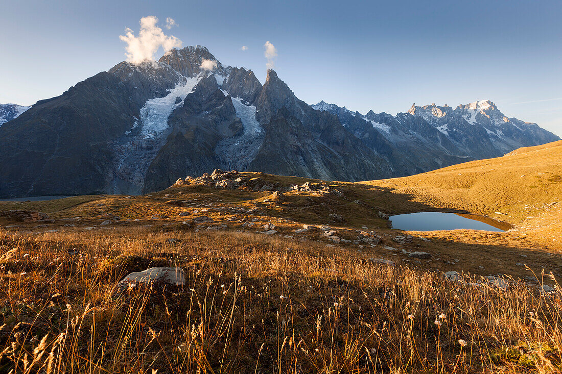 Alm mit Bergsee und Mont Blancs Massiv am Abend, Courmayeur, Aostatal, Italien