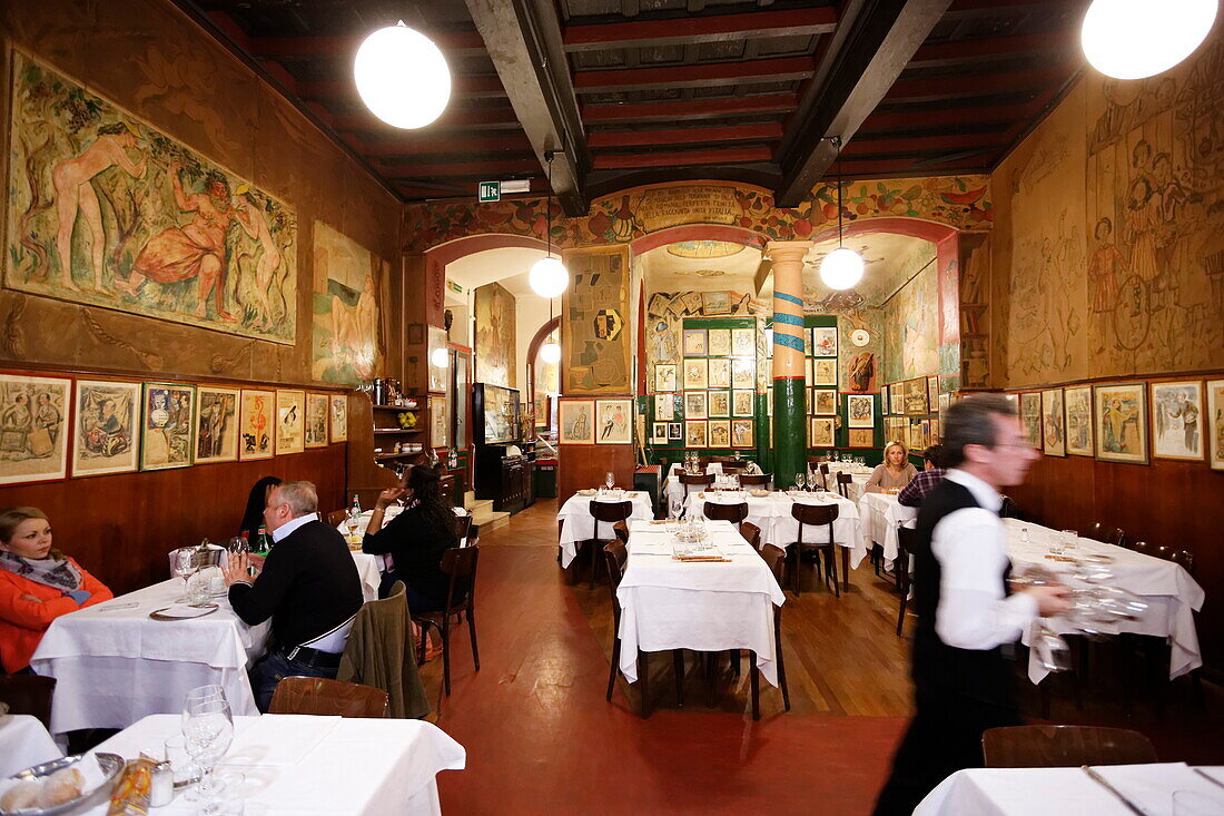 Guests in a traditional Italian restaurant, Milan, Lombardy, Italy