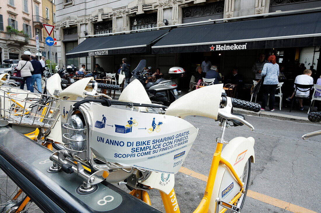 Bicycles available for rental, Milan, Lombardy, Italy